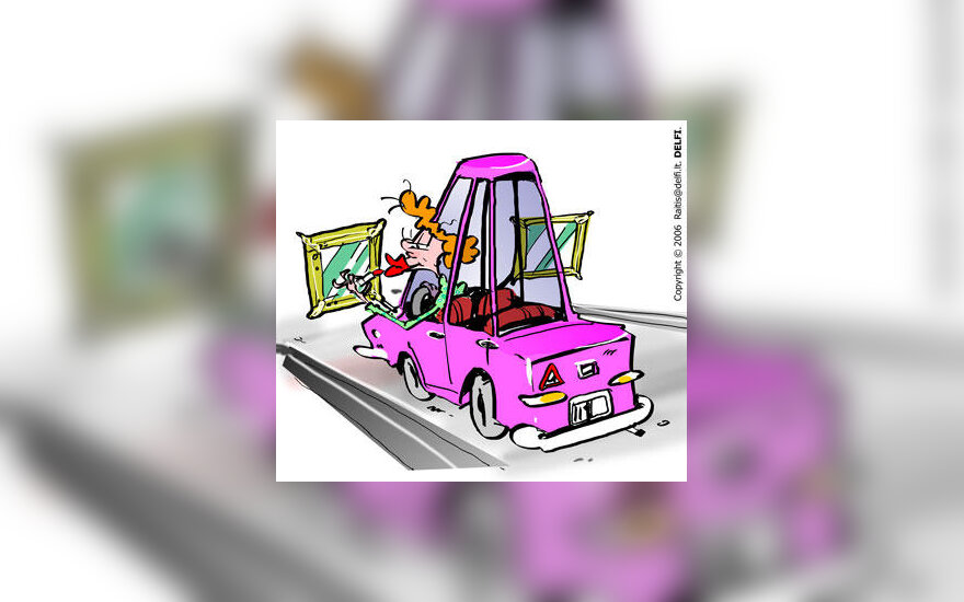 Moteris už vairo, vairuotoja, mašina - karikatūra