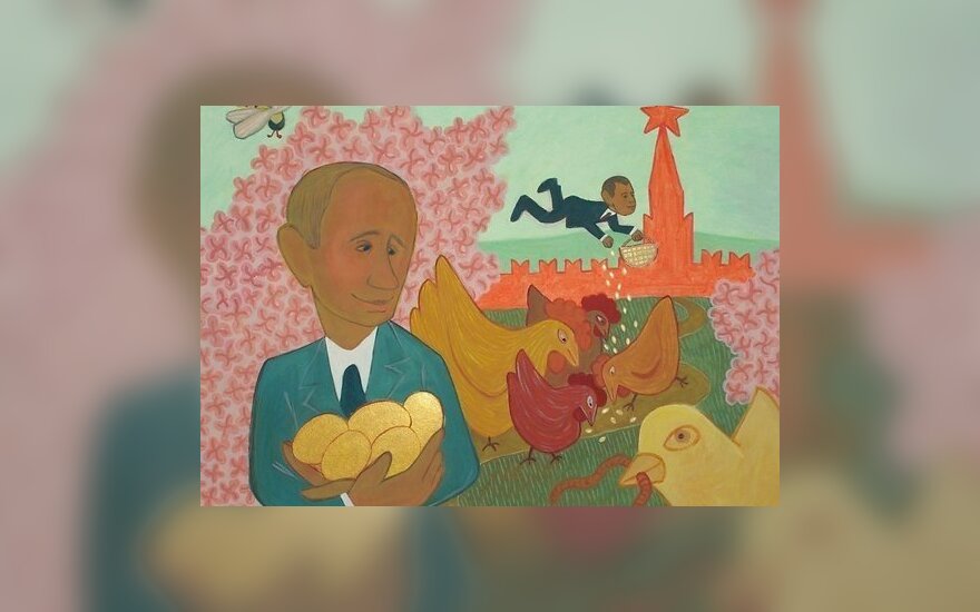 В Риге - выставка картин про Путина, Медведева и птиц