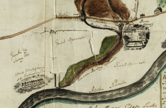 1766 m. kelio nuo Pažaislio į Vilnių plano fragmentas su pavaizduota žemgrinda (grobla). Lietuvos valstybės istorijos archyvas