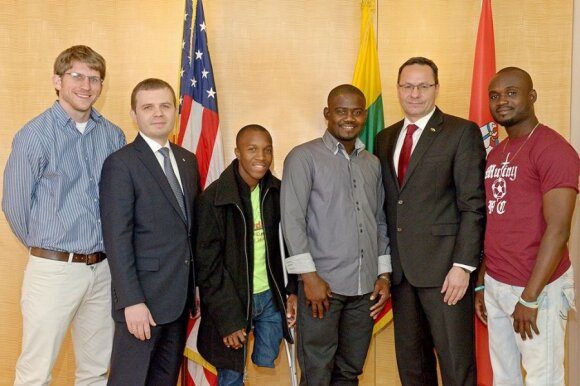 FLTR Scott Gillenwater and Szymon Czyszek of the Knights, Sandy Louiseme, Wilfrid Macena, Ambassador Pavilionis and Mackenson Pierre Photo Ludo Segers
