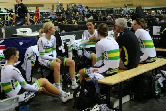 The women's track endurance squad, Rebecca Wiasak is pictured sitting far left. Photo courtesy of Cycling Australia.