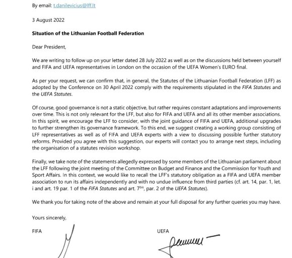FIFA ir UEFA laiškas LFF