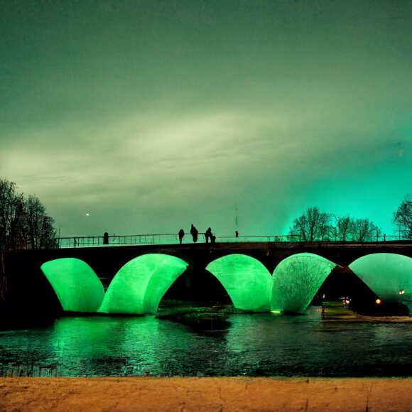 Images created by the Midjourney app (#statue on the green bridge # neris river # Vilnius city)