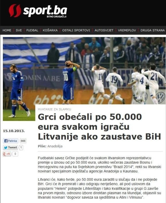 Bosnių spauda: kiekvienam Lietuvos rinktinės žaidėjui siūloma po 50 tūkst. eurų