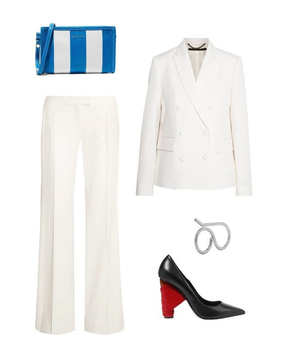 Švarkas ir kelnės, „Stella McCartney”, rankinė, žiedas, batai, „Balenciaga”; „Net-a-porter”