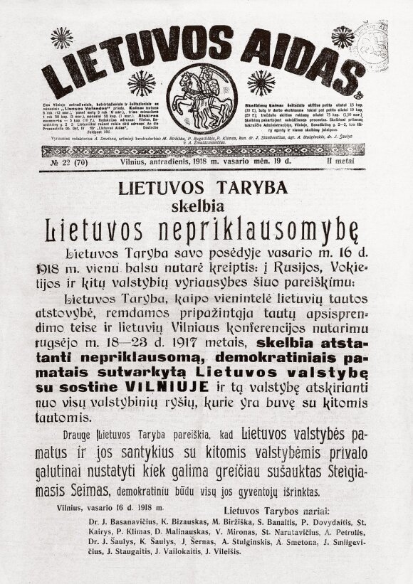 Vasario 16 d. Lietuvos Tarybos nutarimo tekstas „Lietuvos aide“