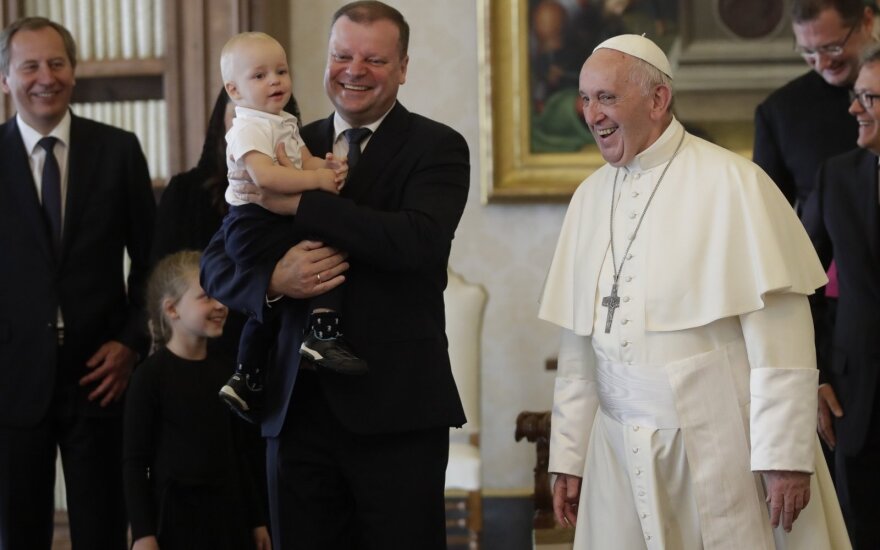 Lithuania's Prime Minister Saulius Skvernelis and Pope Francis in the Vatican on  October 6